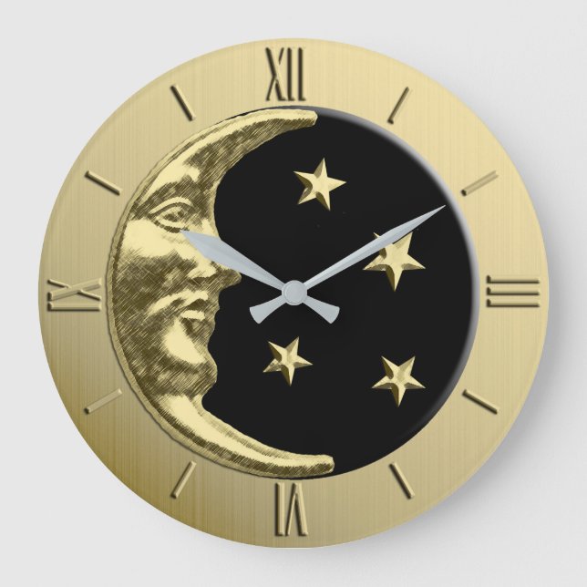 Relógio Grande Arte Deco Moon e Estrelas - Preto e Dourado (Frente)