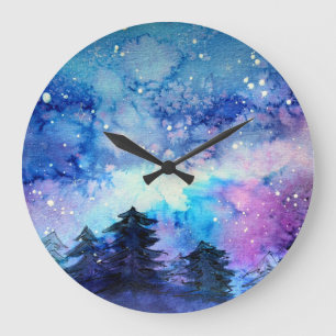 Relógio Grande Arte do Espaço de Aquarela: Árvores do Céu Noturno