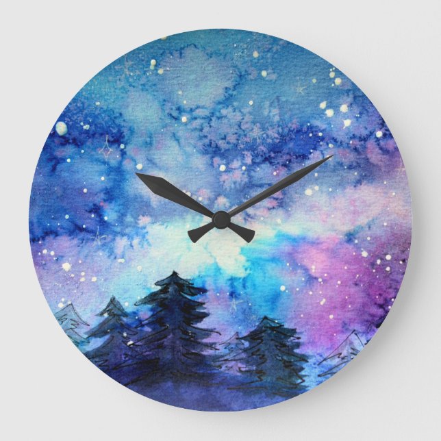 Relógio Grande Arte do Espaço de Aquarela: Árvores do Céu Noturno (Frente)