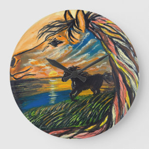 Relógio Grande Arte do pôr do sol do cavalo selvagem - Arte feita