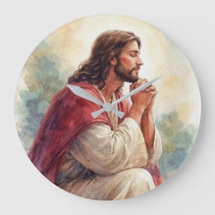 Relógio Grande Arte em Aquarela de Jesus em Oração Fé Cristã