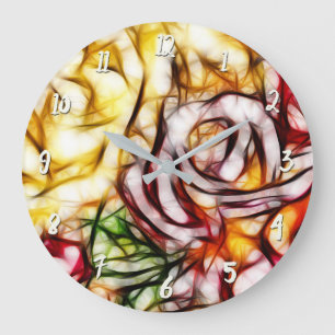 Relógio Grande Arte Floral Abstrata Amarela Luz Rosa Iluminação A