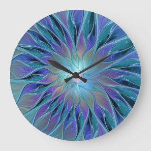 Relógio Grande Arte Fractal Abstrato de Sonho Roxo Azul