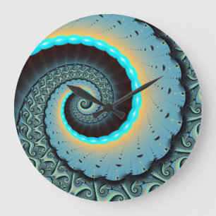 Relógio Grande Arte fractal espiral abstrata azul-turquesa laranj