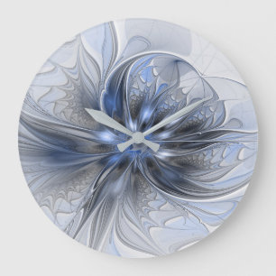 Relógio Grande Arte Fractal Floral Abstrata em Aquarela Azul Cinz