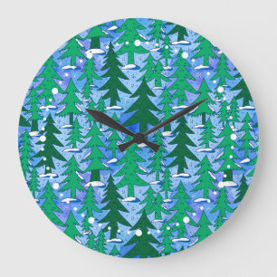 Relógio Grande Arte Ingênuo Floresta de Abetos Inverno Verde Azul