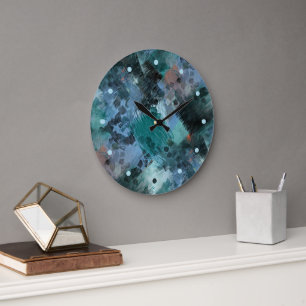 Relógio Grande Arte Moderna com Pinceladas de Verde Teal Violeta