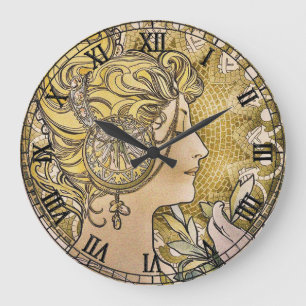 Relógio Grande Arte Nova Antiga "La Plume" por Alphonse Mucha