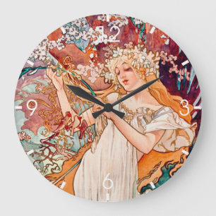 Relógio Grande Arte Nova Vintage Primavera por Alphonse Mucha