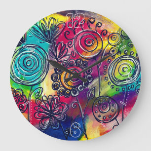 Relógio Grande Arte Original do Jardim de Flor Colorida Whimsical