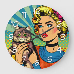 Relógio Grande Arte Pop Comic Cartoon Mulheres Segurando Gato
