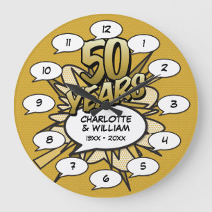 Relógio Grande Arte Pop de Quadrinhos 50º Aniversário Dourado