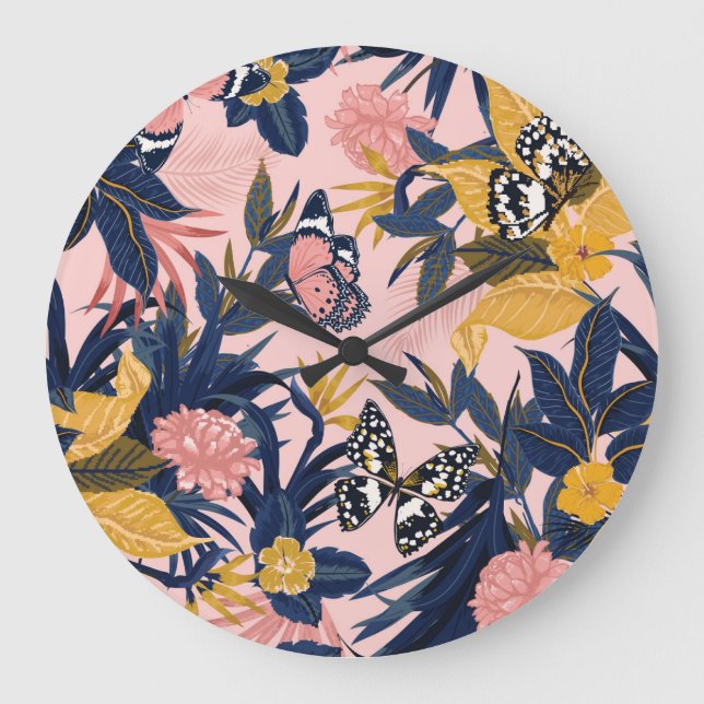 Relógio Grande Arte tropical: Padrões da Floresta Brilhante (Frente)