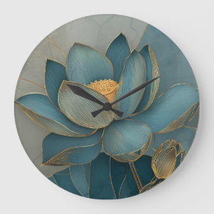 Relógio Grande Arte Zen Geométrica de Linha Flor de Lótus Dourada