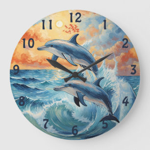 Relógio Grande Artístico Dois Golfinhos Saltantes Oceano Sunset