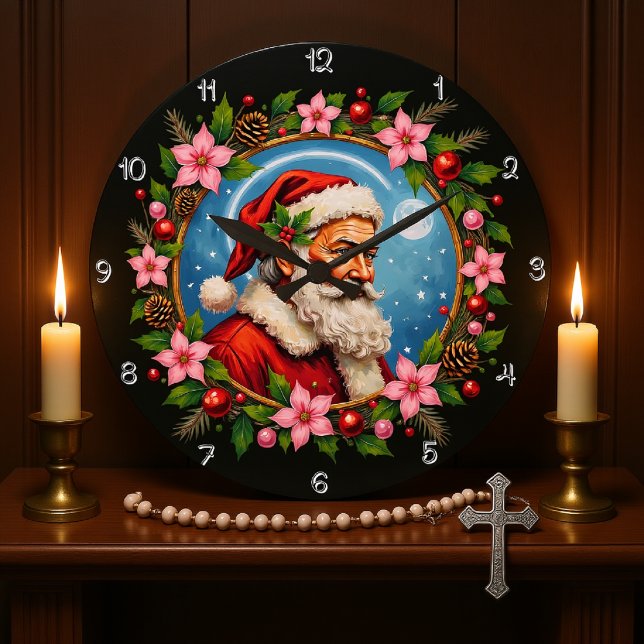 Relógio Grande Artístico Santa Claus Wreath de Natal (Criador carregado)