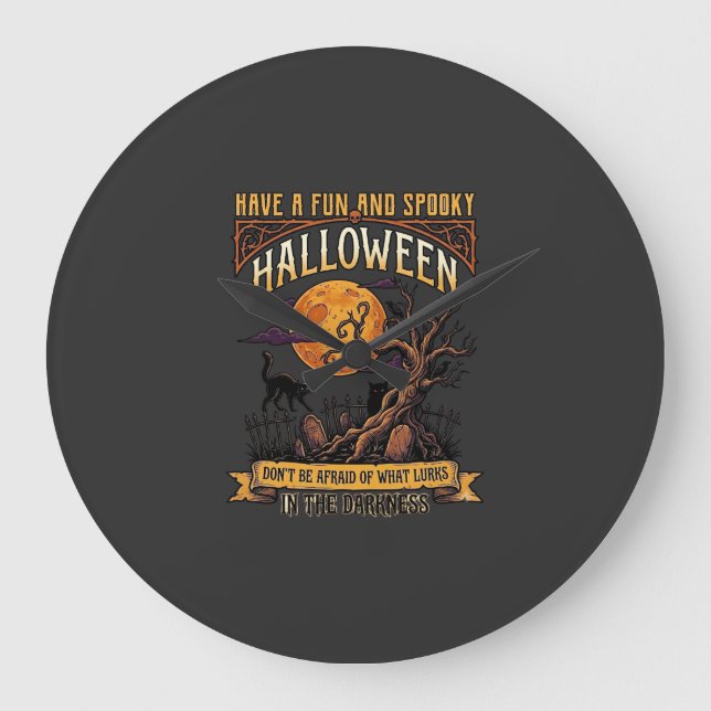 Relógio Grande Árvore Assustadora de Halloween Lua Cheia Gato Pre (Frente)