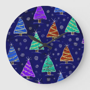 Relógio Grande Árvores de Natal Aquarela: Padrão Florestal.