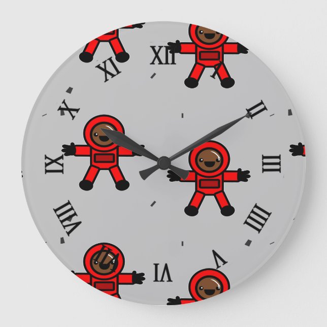 Relógio Grande Astronautas de terno vermelho em cinzas (Frente)