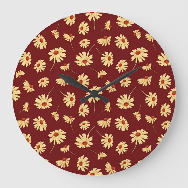 Relógio Grande Autumn Sunflower: Maroon Seamless Design (Frente)