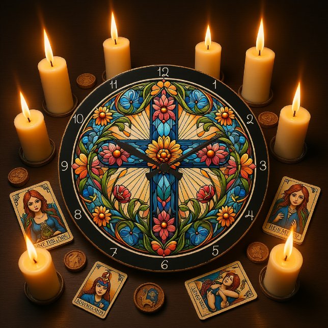 Relógio Grande Autumnal Floral Stained Glass Cross  (Criador carregado)