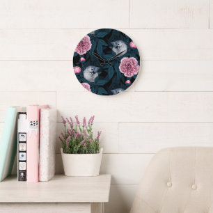 Relógio Grande Aves e flores cor-de-rosa com folhas