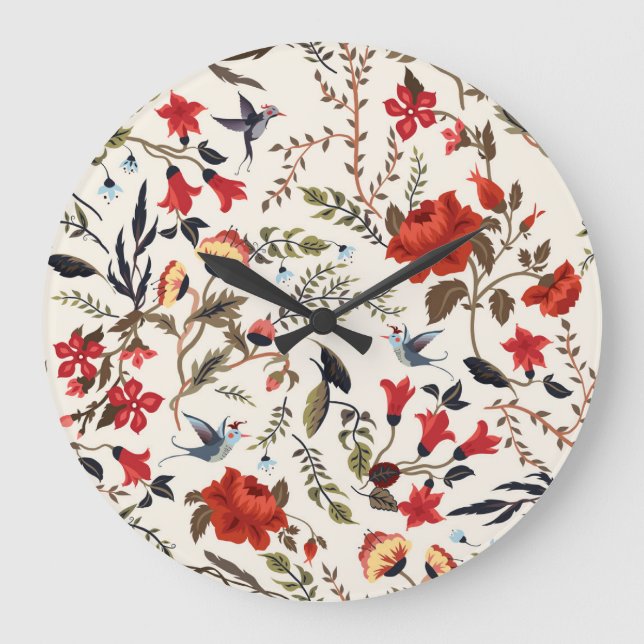 Relógio Grande Aves e Flores: Design Floral sem costura (Frente)