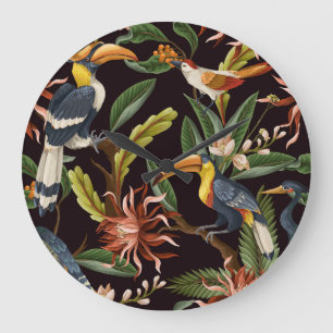 Relógio Grande Aves Tropicais: Folhas Vintage e Flores
