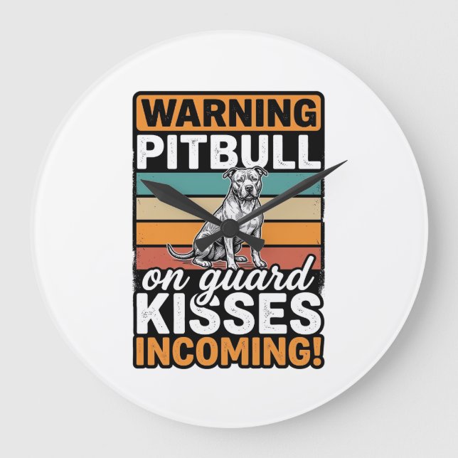 Relógio Grande Avisos de Pitbull Beijos a Caminho Design de Cacho (Frente)