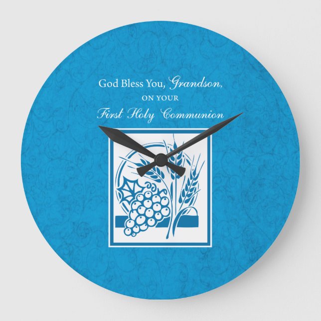 Relógio Grande Avô Primeiro Comunhão Azul, Trigo, Uvas (Frente)