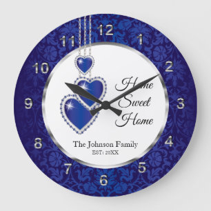 Relógio Grande Azul Damask with Heart - Home Sweet Home