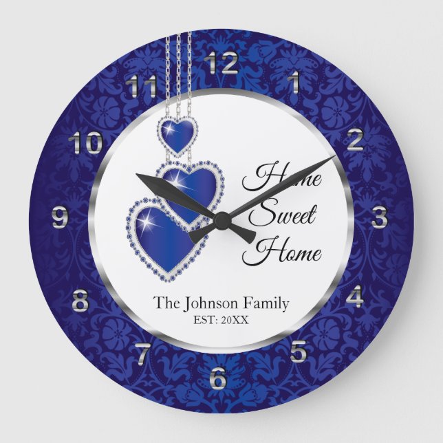Relógio Grande Azul Damask with Heart - Home Sweet Home (Frente)