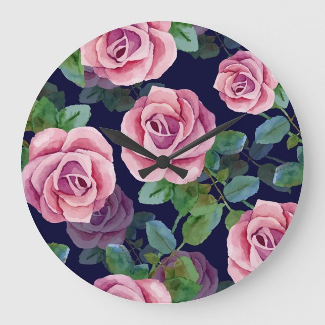 Relógio Grande Azul Escuro, Rosas Rosa Aquarela. (Frente)