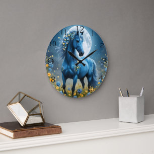 Relógio Grande Azul Fantasia Flores de Lua de Cavalo Mágico,