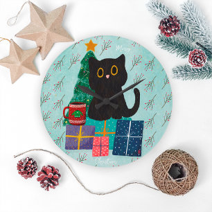 Relógio Grande Azul Festivo Feliz Natal Gato Preto Fofo Café