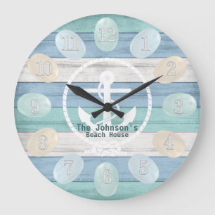 Relógio Grande Azul Praia Vidro e Âncora