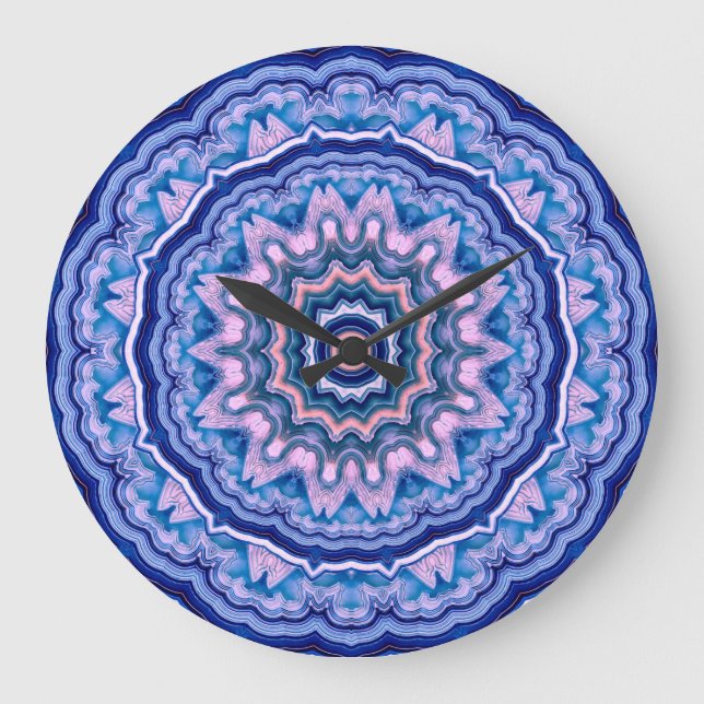 Relógio Grande Azul-rosa Agato Branco Boho Mandala (Frente)