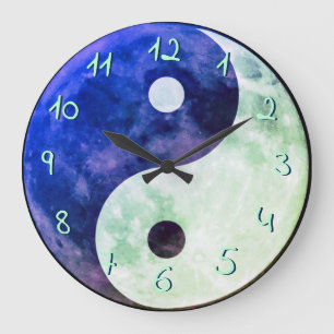 Relógio Grande Azul Verde Yin Yang Lua Números Europeus