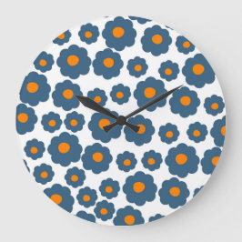 Relógio Grande Azul Whimsical e Retro Floral Laranja, Cheio