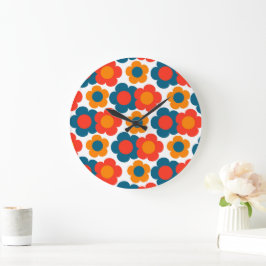 Relógio Grande Azul Whimsical & Laranja Floral Cheio