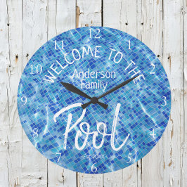 Relógio Grande Azulejo Aqua Personalizado Bem-vindo à Piscina Fam