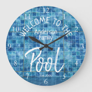 Relógio Grande Azulejo azul personalizado Bem-vindo à Piscina da