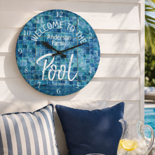 Relógio Grande Azulejo Azul Personalizado Bem-vindo à Piscina da 