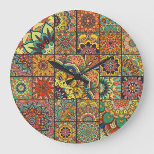 Relógio Grande Azulejos de Boho: padrão transparente colorido