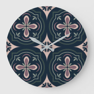 Relógio Grande Azulejos Florais Geométricos Terrosos