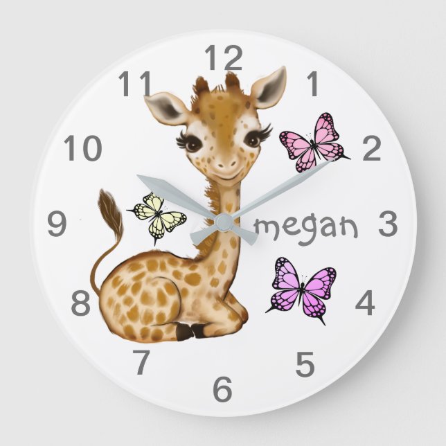Relógio Grande Baby Animal Giraffe Butterfly Nursery Wall Clock (Frente)