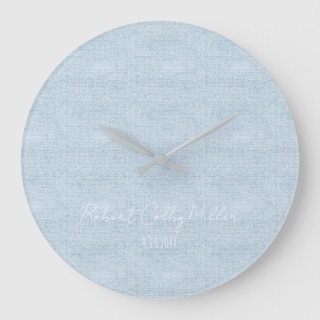Relógio Grande Baby blue Linen Fabric Full Name Date Nursery (Frente)