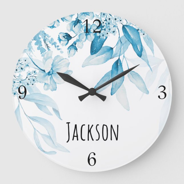 Relógio Grande Baby Boy Nursery Dutch Art Blue Floral 10,75-in (Frente)