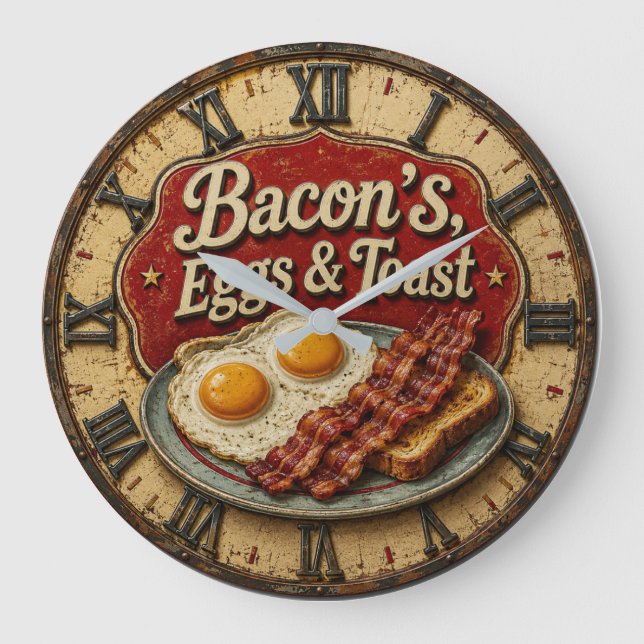 Relógio Grande Bacon Eggs & Toast Farmhouse Breakfast Kitchen (Frente)