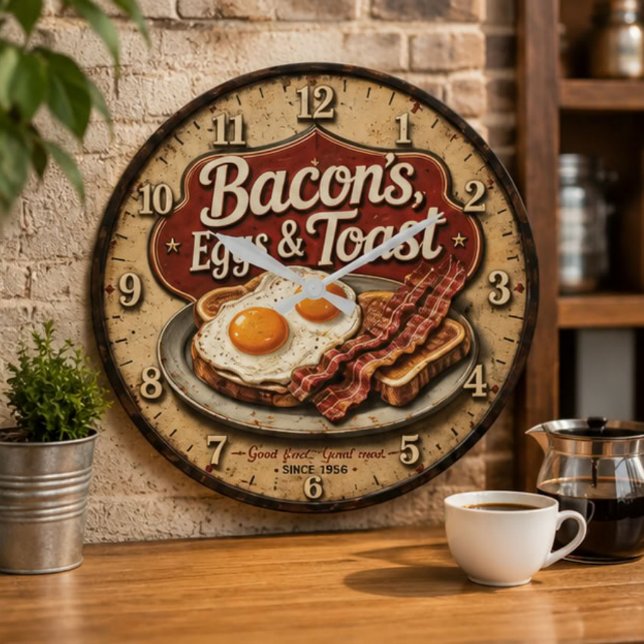 Relógio Grande Bacon Eggs & Toast Farmhouse Breakfast Kitchen (Criador carregado)